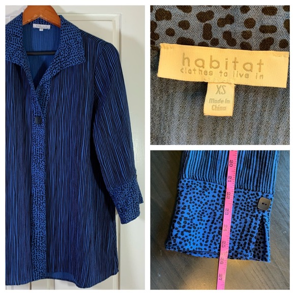 Habitat XS Blue Black Striped Button Down Tunic Top Long Sleeve Artsy Oversized - Picture 12 of 12